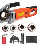 Heavy Duty Portable Electric Pipe Threader Cracks Out Half Through One Plus Quarter Inch Piping With Zero Sweat with cutter heads and accessories.