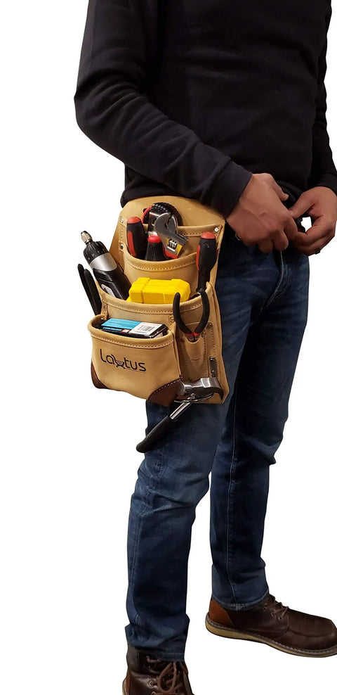Person wearing Genuine Suede Leather Tool Pouch Bag With 2 Hammer Holders And 10 Pockets For Carpenters Construction Framers And Handymen Fits Up To Two And A Half Inch Tool Belts