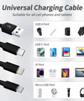 Universal charging cable showing USB A, USB C, iP, and Micro USB ports with compatible devices. All In One 3 Port USB Charging Cable Kit.