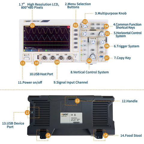 100MHz Four Channel Digital Storage Oscilloscope With 7 Inch LCD front and back view showing controls, ports, and buttons.