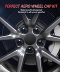 Tesla No Logo Wheel Center Caps Kit for Model Y and Model 3, close-up of matte black hub cover on wheel, 19 Inch and 20 Inch