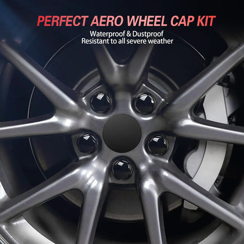 Tesla No Logo Wheel Center Caps Kit for Model Y and Model 3, close-up of matte black hub cover on wheel, 19 Inch and 20 Inch