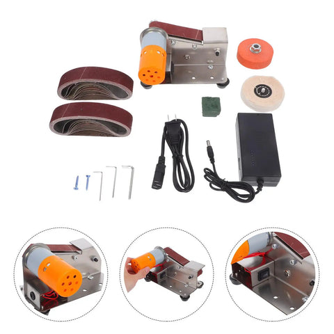 MAGICLULU High Torque Electric Mini Belt Sander With Efficient Heat Dissipation Compact Grinding Machine For Jewelry Polishing Woodworking And Crafts showing various parts and accessories.