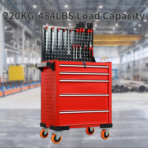 Rolling Tool Cabinet With Lock For Workshop And Garage, Five Drawer Garage Chest On Wheels For Mobile Tool Storage, Heavy Duty Organizer For Warehouse And Shop, Durable Cold Rolled Steel Body In Red; 220kg load capacity
