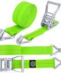Badass 2 Inch Ratchet Tie Down Straps Heavy Duty Cargo Straps Packed With Double J Hook And 15 Foot Length, featuring green industrial webbing.