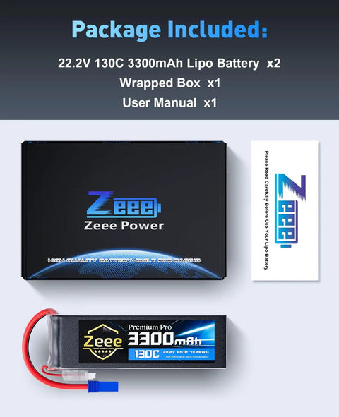 Beefed Up 6S 3300mAh 130C LiPo Battery Ultra Low IR Soft Pack EC5 Connector Package Contents Display