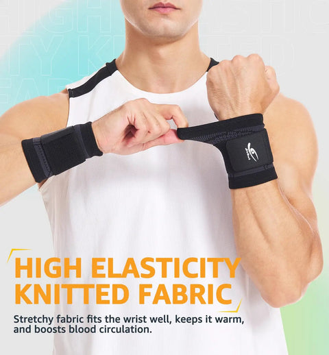 Person wearing black medium wrist brace and support wraps for workouts, shown adjusting the comfortable compression strap.