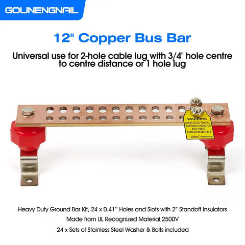 Heavy Duty Copper Ground Bar Kit with 24 Holes, 12 Inch Grounding Bus Bar, 2x2 Inch Standoff Insulators, UL Recognized, 2500V Rating