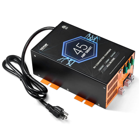 Straight Up Solid 45 Amp RV Converter 120V AC To 12V DC Smart Battery Charger showing black casing with power cord.
