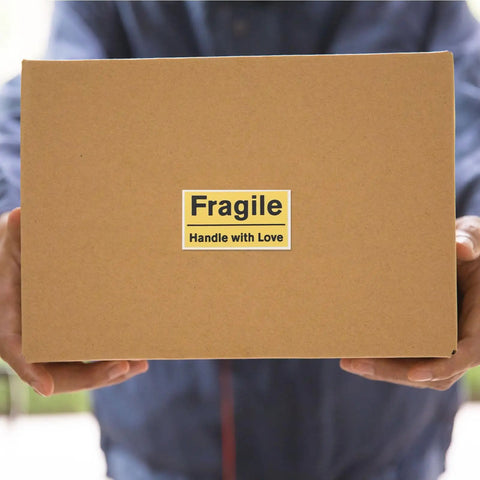6 Pack Yellow PVC Fragile Shipping Labels with Adhesive Warning Stickers for Moving Boxes and Warehouses, High Visibility Packing Labels for Efficient Shipping and Handling, Bulk Package Stickers on cardboard box