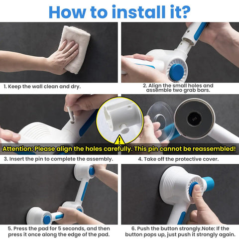 Installation steps for Super Strong Adhesive Shower Grab Bar L Shape Handle Rail with waterproof suction grip.