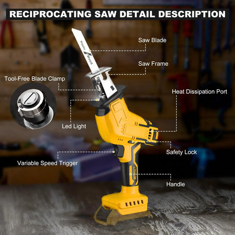 Front view of cordless reciprocating saw with yellow/black body, 20V battery, LED light, 4-blade kit