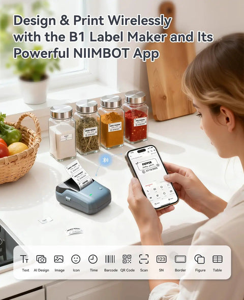 Slick Bluetooth Thermal Label Printer With Included Tape Roll, Zero Ink Headaches Direct Print Tech, Rapid Shipping And Storage Labels, Smartphone Synced Desktop Label Maker In Blue on kitchen counter.