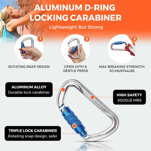 Heavy Duty Tree Climbing Rope With Steel Core Flip Line Half Inch Twelve Feet Triple Lock Carabiner Adjuster Steel Swivel Snap Cut Resistant Arborist Gear For Safe Fall Protection carabiner.