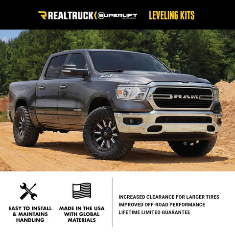 Grey RAM truck with Superlift 1.25 Inch Leveling Kit For Chevy Colorado And GMC Canyon with lift and branding in dirt terrain.