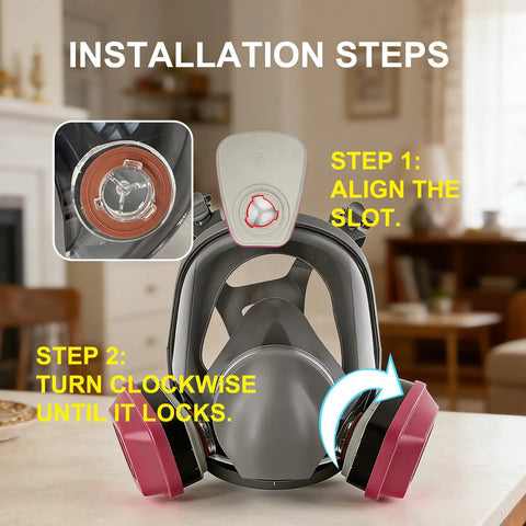 Full Face Respirator With Filters For Sanding, Painting, Spraying And Welding Reusable Gas Mask With installation steps.