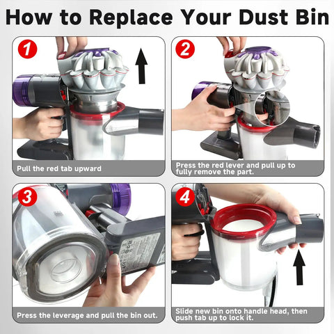 Upgraded Dust Bin Canister Replacement For V7 V8 SV10 SV11 SV25 Cordless Vacuum Cleaners demo, showing steps to install and remove canister