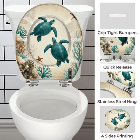 Teal Resin Toilet Seat for Bathroom with turtle design, 14-15 inches wide, quick release and stainless steel hinges.
