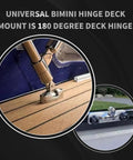 Heavy Duty 316 Stainless Steel Bimini Top Swivel Deck Hinge With 180 Degree Adjustable Quick Release Side Mount Hardware shown on a deck.