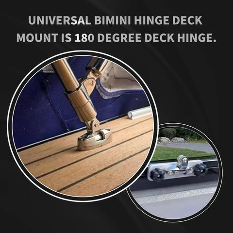 Heavy Duty 316 Stainless Steel Bimini Top Swivel Deck Hinge With 180 Degree Adjustable Quick Release Side Mount Hardware shown on a deck.