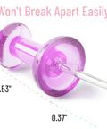 Bulk Assorted Push Pins For Bulletin Boards Featuring Hella Bright Plastic Heads And Sharp Metal Tips That Gonna Keep Your Notes Secure And Organize Your Space Like A Pro, purple push pin close-up with measurements.