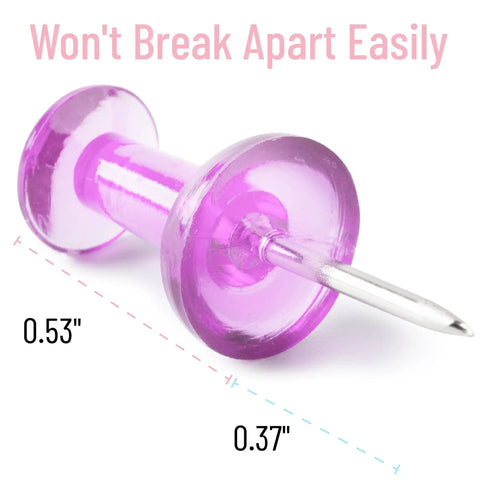 Bulk Assorted Push Pins For Bulletin Boards Featuring Hella Bright Plastic Heads And Sharp Metal Tips That Gonna Keep Your Notes Secure And Organize Your Space Like A Pro, purple push pin close-up with measurements.