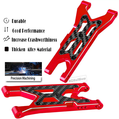 Aluminum Front And Rear A Arms Upgrade Kit For One Tenth Scale Senton 3S BLX Mega 550 Granite 3S BLX Mega 550 Vorteks 3S BLX And Big Rock 3S BLX RC Trucks 4 Pcs Replace AR330443 AR330516 Red shown with carbon fiber detailing and emphasized durability features.