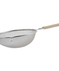 Fine Mesh Strainer 8 Inch Diameter With Deep Bowl In Stainless Steel Tan And Silver Handle Hanging Loop Sturdy Wire Grip