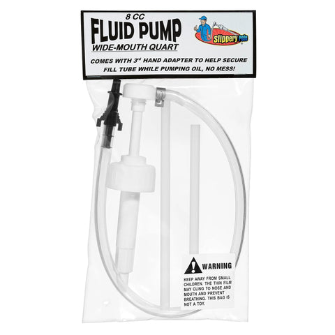 Front view of Slippery Pete fluid pump kit for wide-mouth quart bottles with tubing and 3rd-hand adapter
