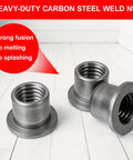 Top Shelf Heavy Duty T Shaped Weld Nuts Kit 40 Pieces Carbon Steel Weld On Fasteners three heavy-duty weld nuts on a white surface.