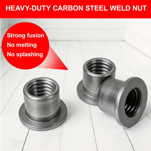 Top Shelf Heavy Duty T Shaped Weld Nuts Kit 40 Pieces Carbon Steel Weld On Fasteners three heavy-duty weld nuts on a white surface.