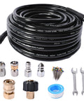 Powerful Sewer Jetter Kit For Pressure Washer 3600 PSI Drain Cleaner Hose 25Ft With One Quarter Quick Connect Plug M22 To One Quarter NPT Adapter Button Nose Nozzle Waterproof Tape And Handy Spanner Tools For Clearing Clogs Fast