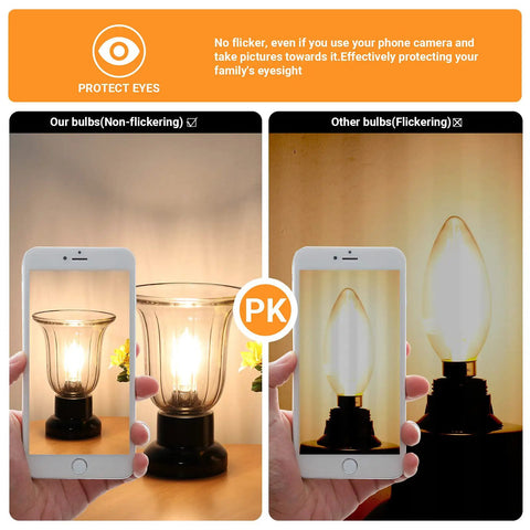 Comparison of non-flickering Dimmable E12 LED Candelabra Bulbs 4W 40W Equivalent and flickering bulb in lamp