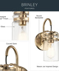 Brinley 11.5 Inch Wall Sconce In Champagne Bronze With Clear Glass Mason Jar Look 1 Light Industrial Farmhouse Style Vintage Wall Mount Light For Living Room Bedroom Hallway Entry; champagne bronze finish, clear glass, curved stem, round backplate with mason jar design