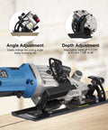 G LAXIA mini circular saw, side view; blue body with metal base and laser guide.