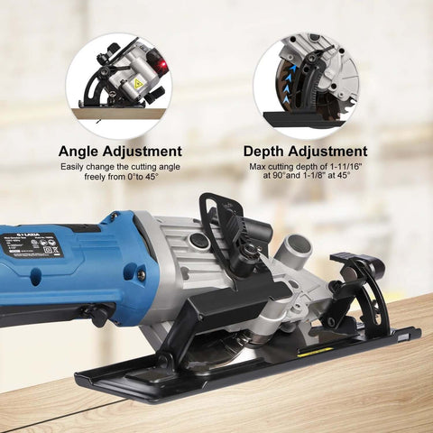 G LAXIA mini circular saw, side view; blue body with metal base and laser guide.