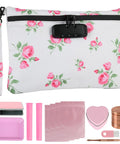 Pink Rose Travel Pouch Waterproof With Combination Lock Eight Piece Accessory Set And Gift Box Ideal For Weekend Trips And Daily Carry Gym Bag Organization Camp And Flight Safe Storage On The Go