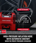 Plug And Play Three In One Portable Air Compressor Tire Inflator And Car Vacuum With Knockout 160 Psi Pressure showing LCD display on red unit near tire.