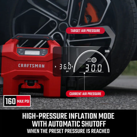 Plug And Play Three In One Portable Air Compressor Tire Inflator And Car Vacuum With Knockout 160 Psi Pressure showing LCD display on red unit near tire.