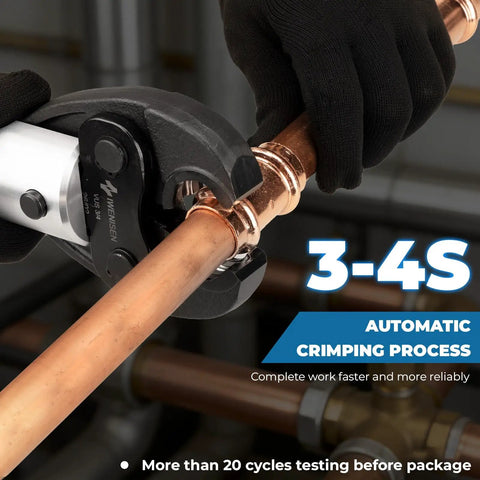 Top Shelf Heavy Duty Electric Hydraulic Pro Press Copper Crimper in action, crimping copper pipe with precision fit jaws.