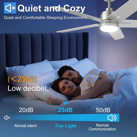 Couple sleeping peacefully under a 52 Inch Brushed Nickel Ceiling Fan With Integrated Light And Remote, demonstrating low noise level.