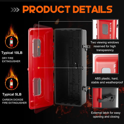 Outdoor Fire Extinguisher Cabinet Box With 3D Arrow Sign, Weatherproof And Vandal Resistant, red ABS plastic box with latch