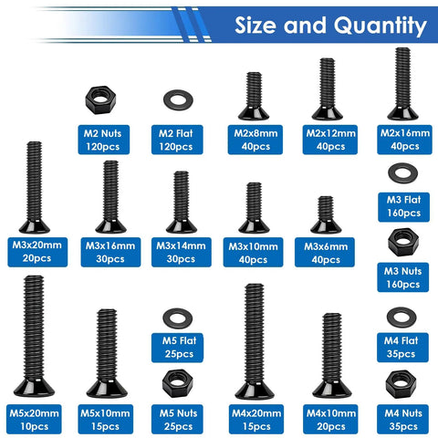 1020 Piece Black Nuts and Bolts Set with 21 Sizes M2 M3 M4 M5 Phillips Flat Head Screws Nuts Washers chart
