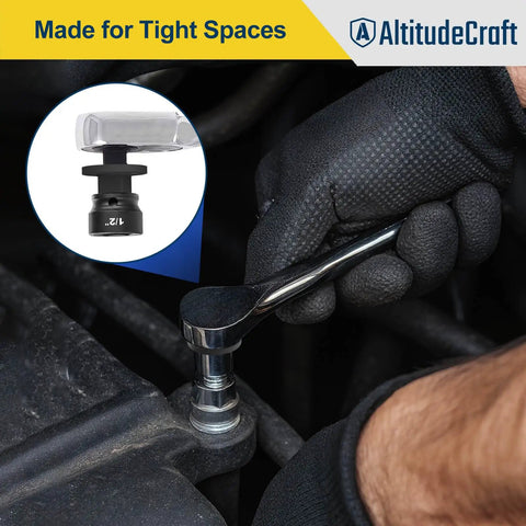 Mechanic uses Low Profile Impact Socket Adapter Set For Tight Spaces Lets You Convert Drive Sizes From Three Eighths To Half Inch And From One Quarter To Three Eighths And From Three Quarters To One Inch And From One Half To Three Quarters Four Pack For Pros in engine compartment.