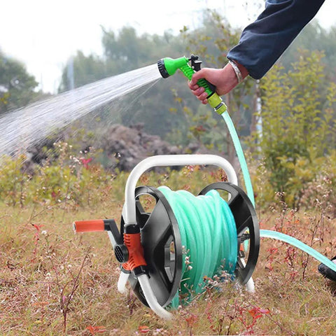 Portable Hose Reel Storage Shelf For One Half Inch Hose Up To 20 Meters in use, watering garden, hose rolled on trolley
