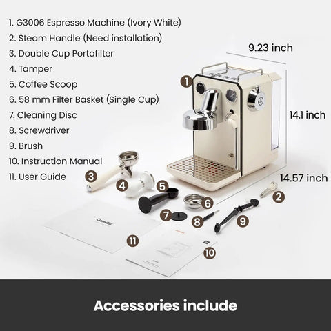 Pro Grade Semi Automatic Espresso Machine With Milk Frother And Steam Wand 15 Bar Pressure 57 Oz Removable Water Tank Dual Display Built For Cafe Quality Cappuccino And Latte At Home Ivory White G3006 shown with included accessories