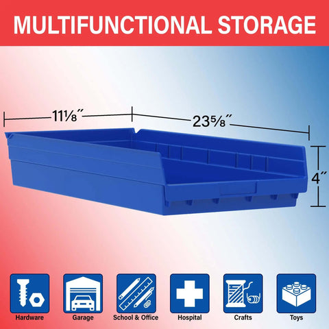 Heavy Duty Shelf Bins For Garage And Closet Organization, Built To Last Plastic Storage Bins Great For Drawers And Cabinets, 24 Inch By 11 Inch By 4 Inch, Blue, Set Of 6 For Versatile Under Sink And Shelf Storage shown in side view with dimensions