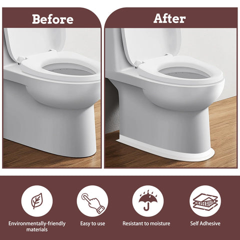 Before and after images of toilet sealed with Waterproof Caulk Tape Self Adhesive 2 Rolls White for edge sealing.