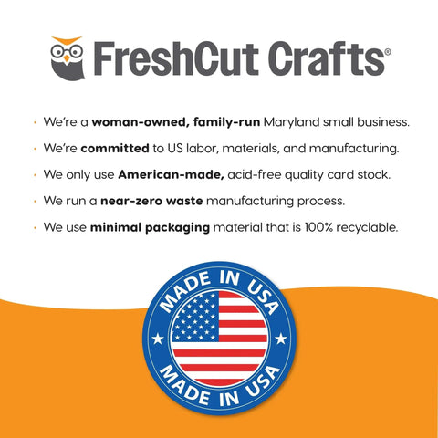 Brand logo for FreshCut Crafts with a list of eco-friendly practices and a Made in USA badge at the bottom.
