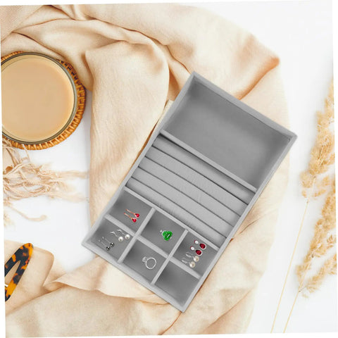 Essential Leather Jewelry Tray With Five Grid Layout For Earring Display Plate And Ring Holder Countertop Organizer on beige fabric.